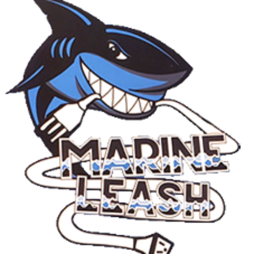 Marine Leash logo has a shark with an electric cord in its mouth
